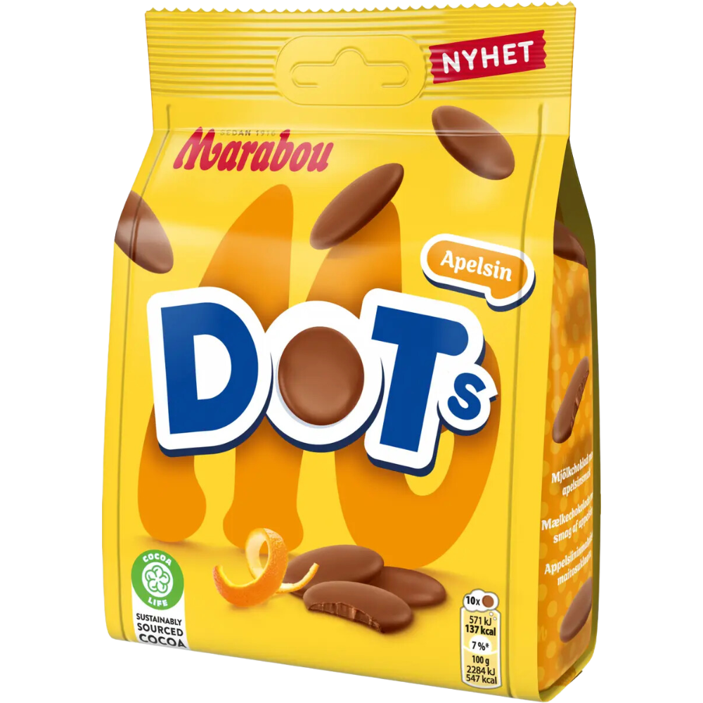 DOTs Orange Brittle Chocolate Snack Bags By Marabou