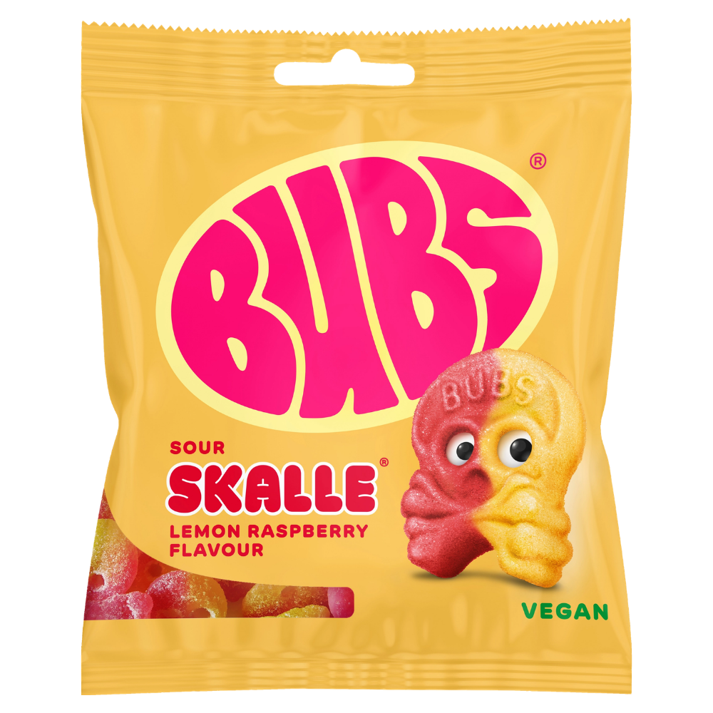 Vegan Sour Lemon Raspberry Skull Candy Bags In Wholesale Cases By Swedish Bubs