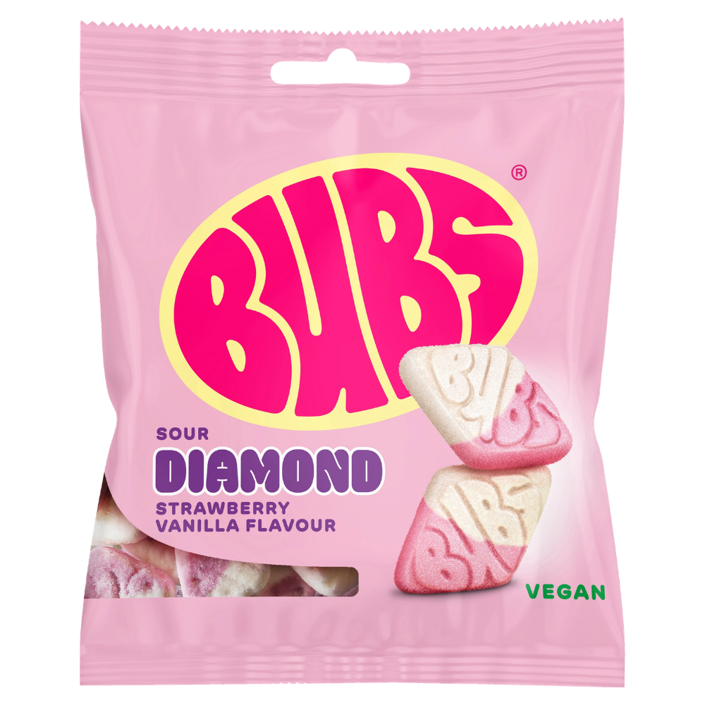 Vegan Sour Strawberry Vanilla Diamond Candy Bags In Wholesale Cases By Swedish Bubs
