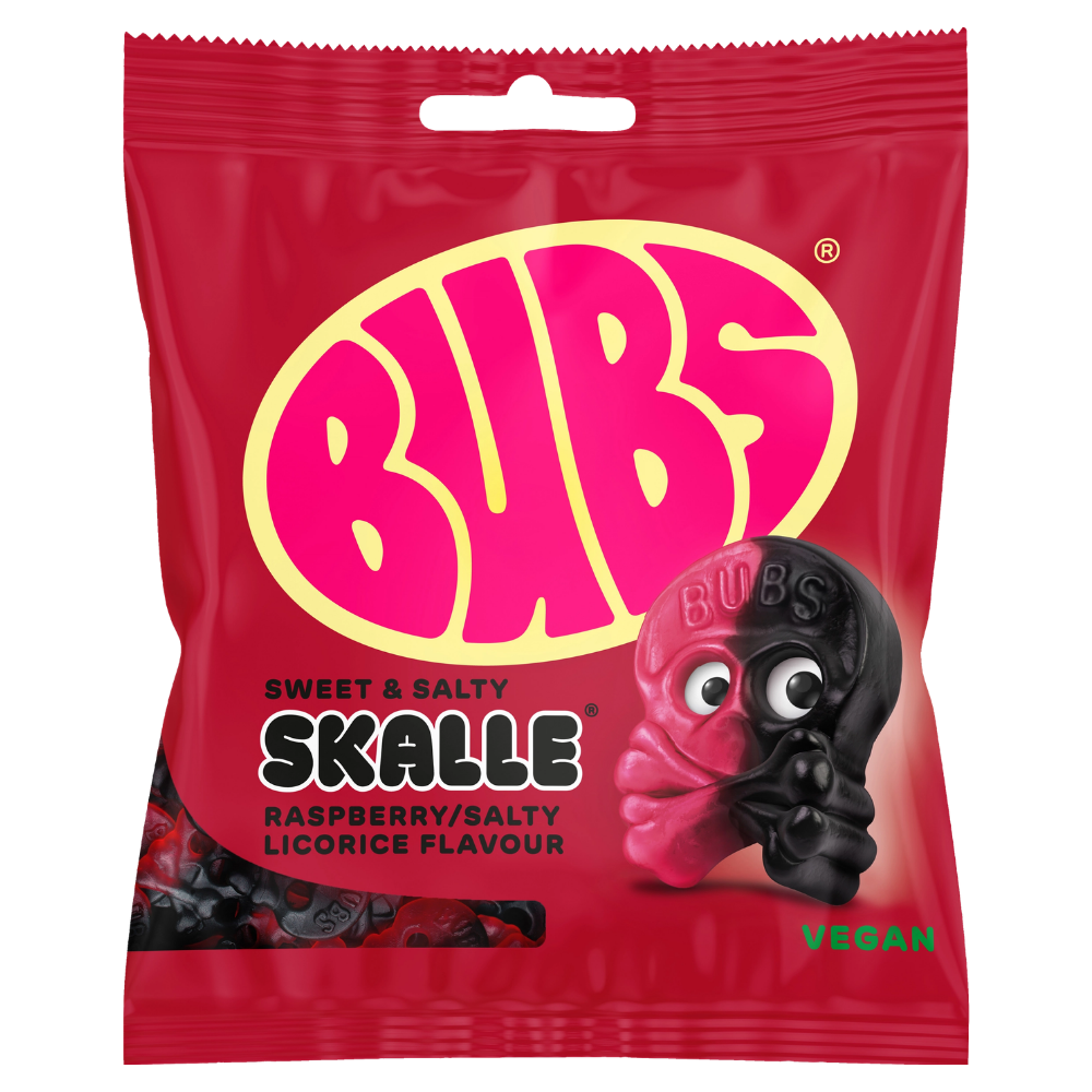 Vegan Sweet Salty Raspberry Licorice Skull Candy Bags In Wholesale Cases By Swedish Bubs