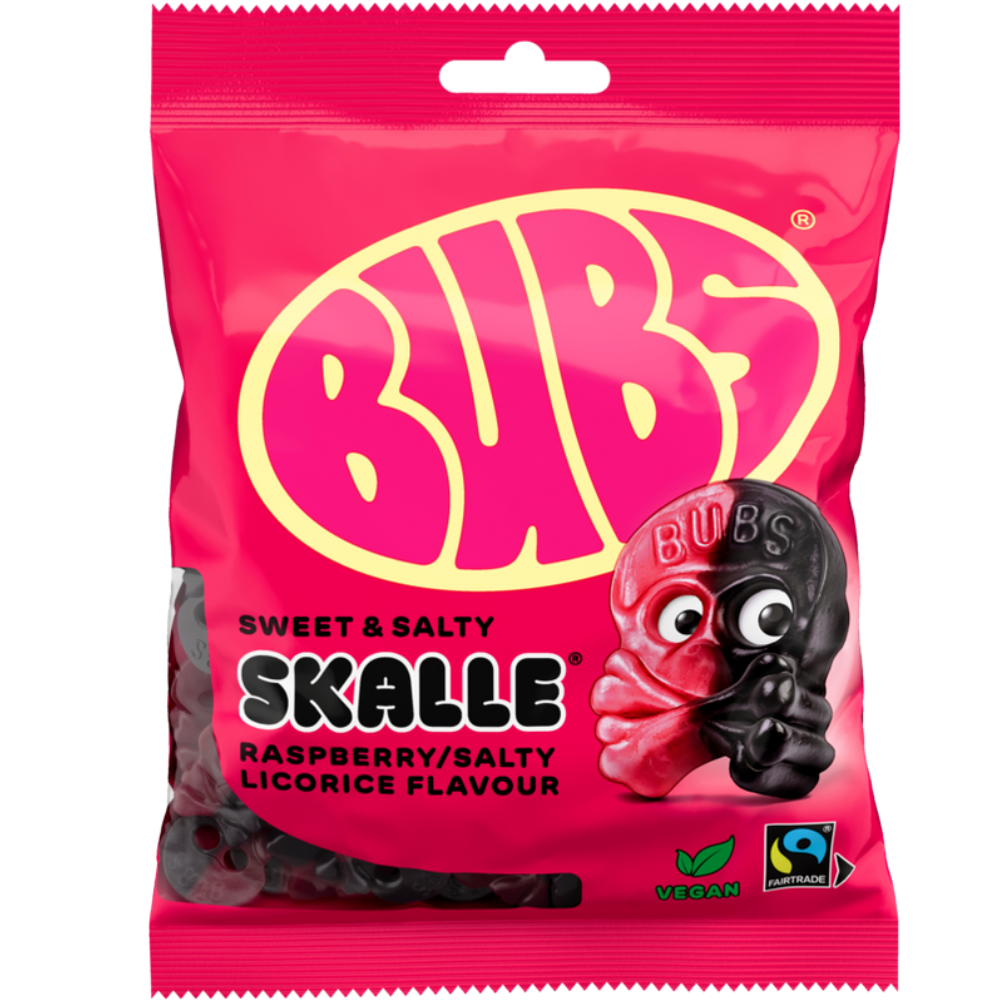 Vegan Sweet Salty Skull Raspberry Licorice Candy Bags In Wholesale Cases By Swedish Bubs