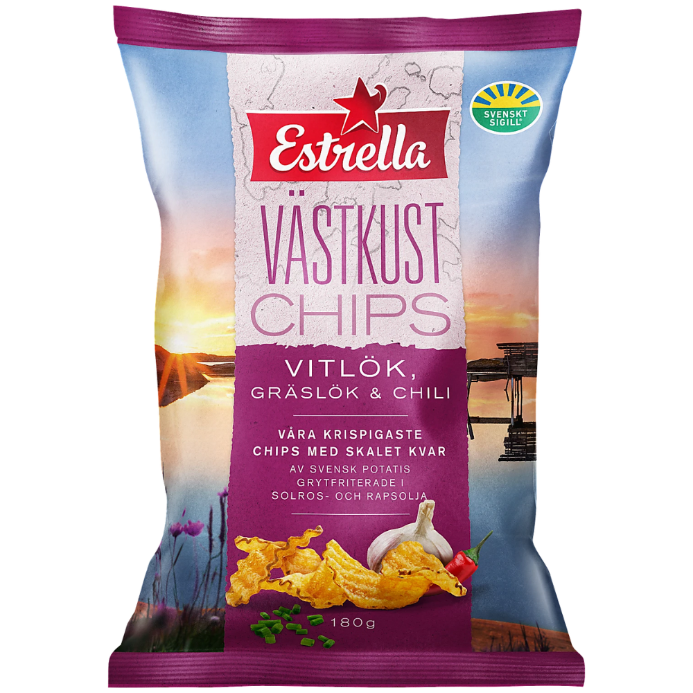 West Coast Carlic, Chives And Chili Potato Chips Wholesale Box By Swedish Estrella