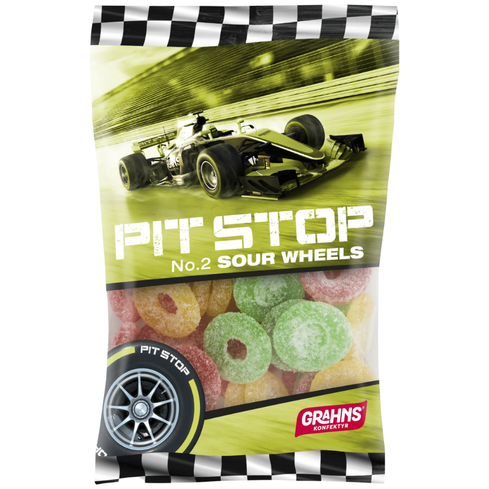 Pit Stop no. 2 Fruity Sour Wheels Candy Bags Wholesale Box By Swedish Grahns