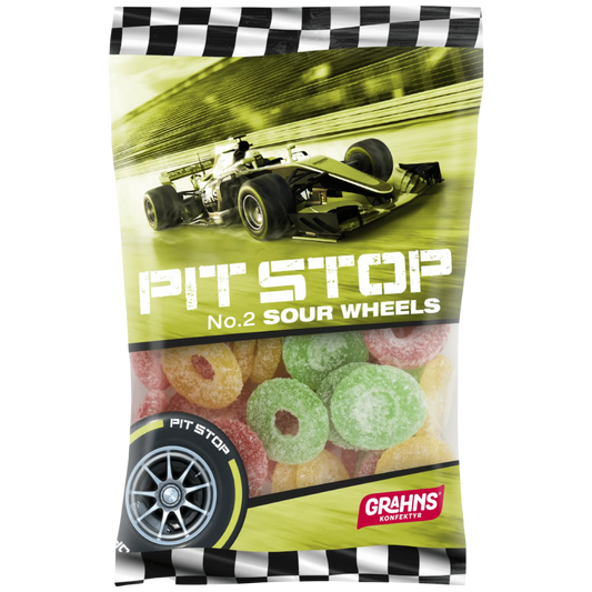 Pit Stop no. 2 Fruity Sour Wheels Candy Bags Wholesale Box By Swedish Grahns