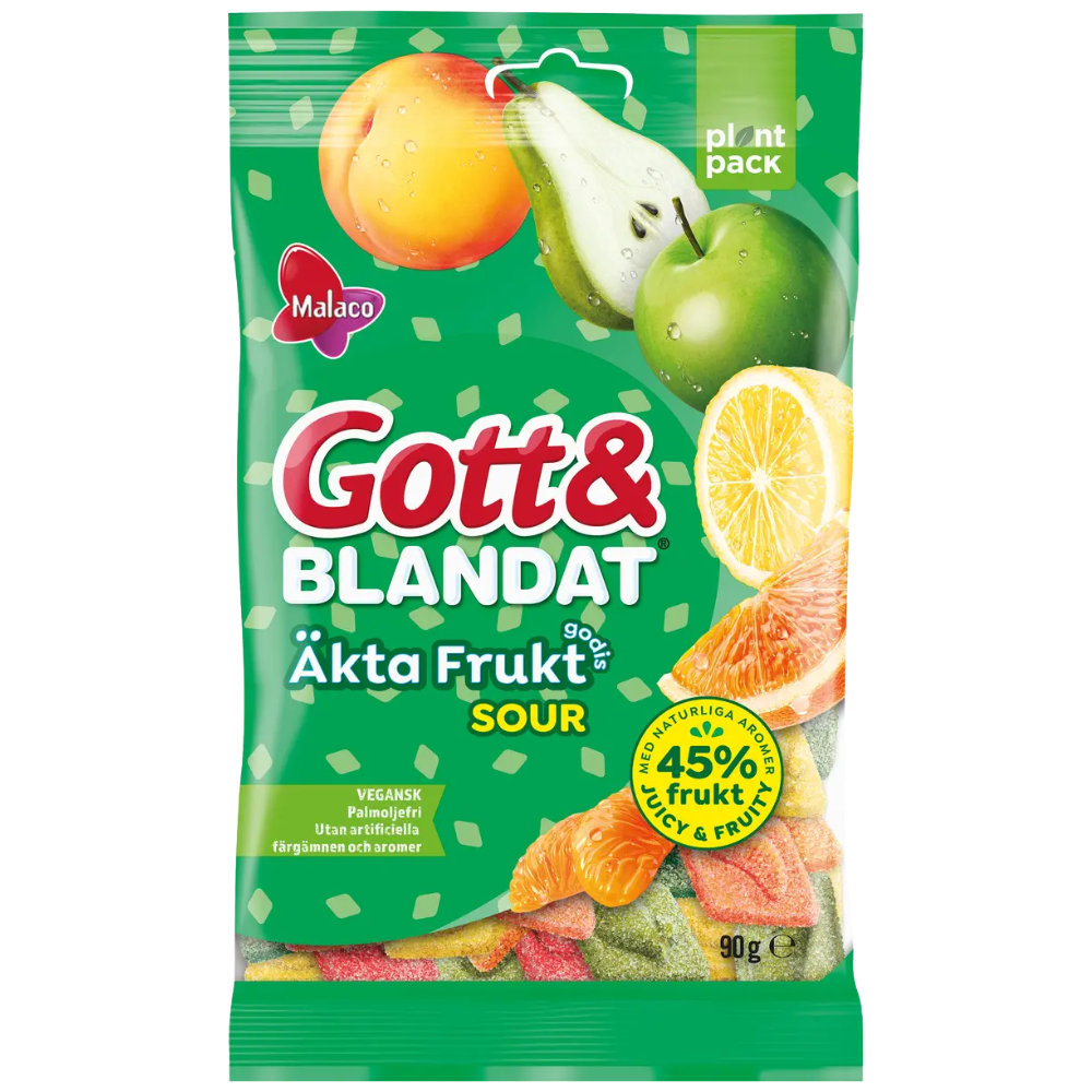 Vegan Gott & Blandat Sour Candy Bags Wholesale Box With 45% Real Fruit By Malaco