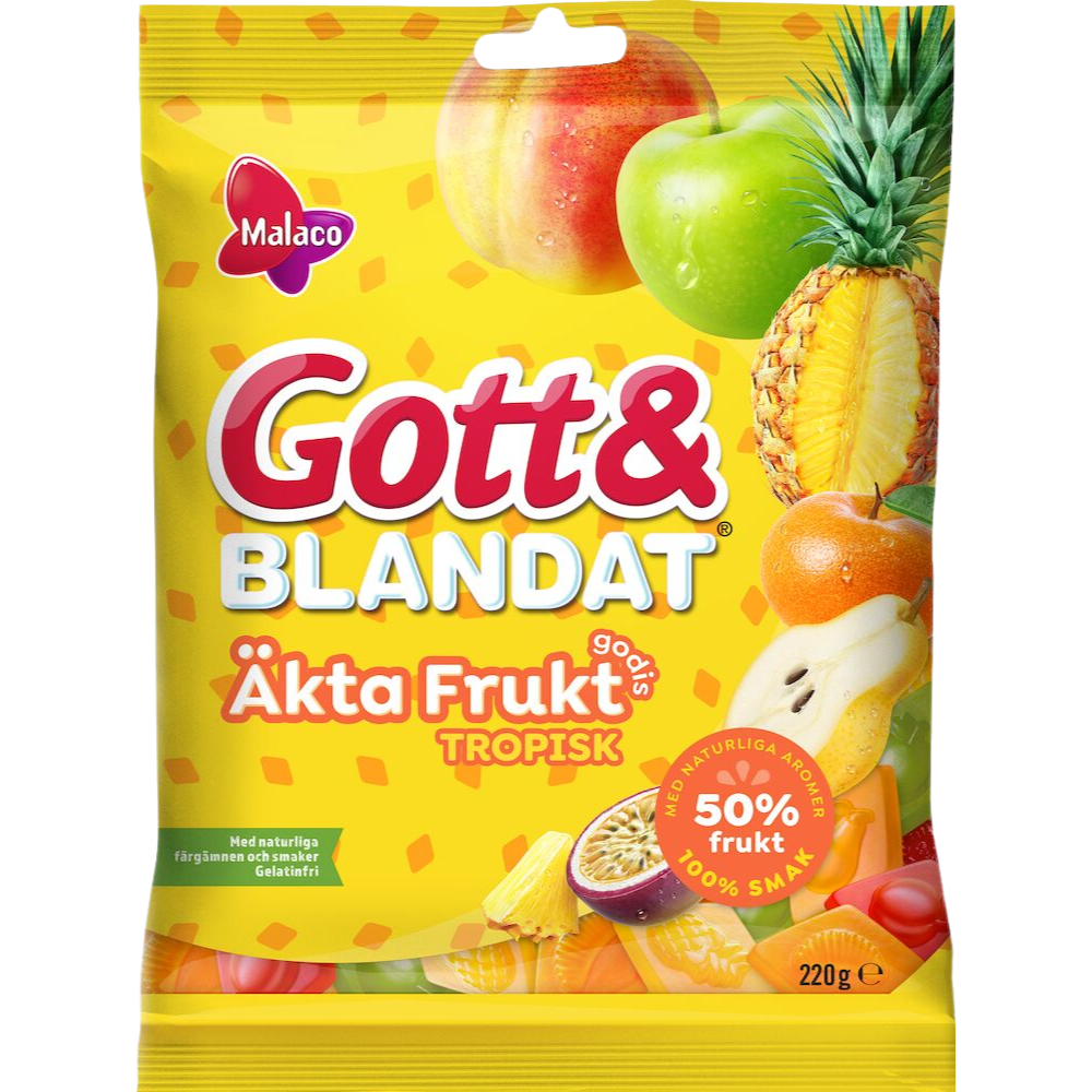 Vegan Gott & Blandat Tropical Candy Bags Wholesale Box With 50% Real Fruit By Cloetta