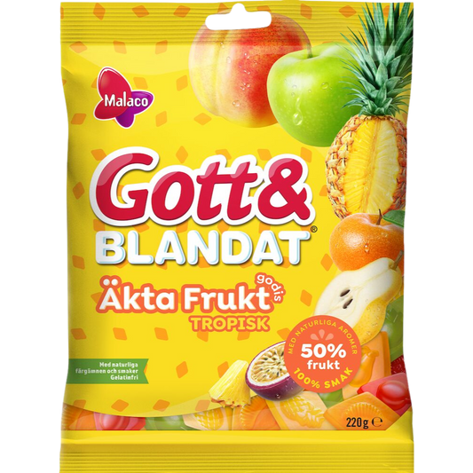 Vegan Gott & Blandat Tropical Candy Bags Wholesale Box With 50% Real Fruit By Cloetta