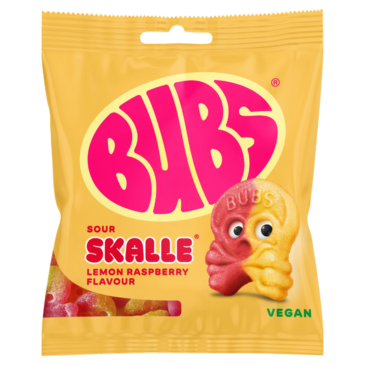 Vegan Sour Lemon Raspberry Skull Candy Bags In Wholesale Cases By Swedish Bubs