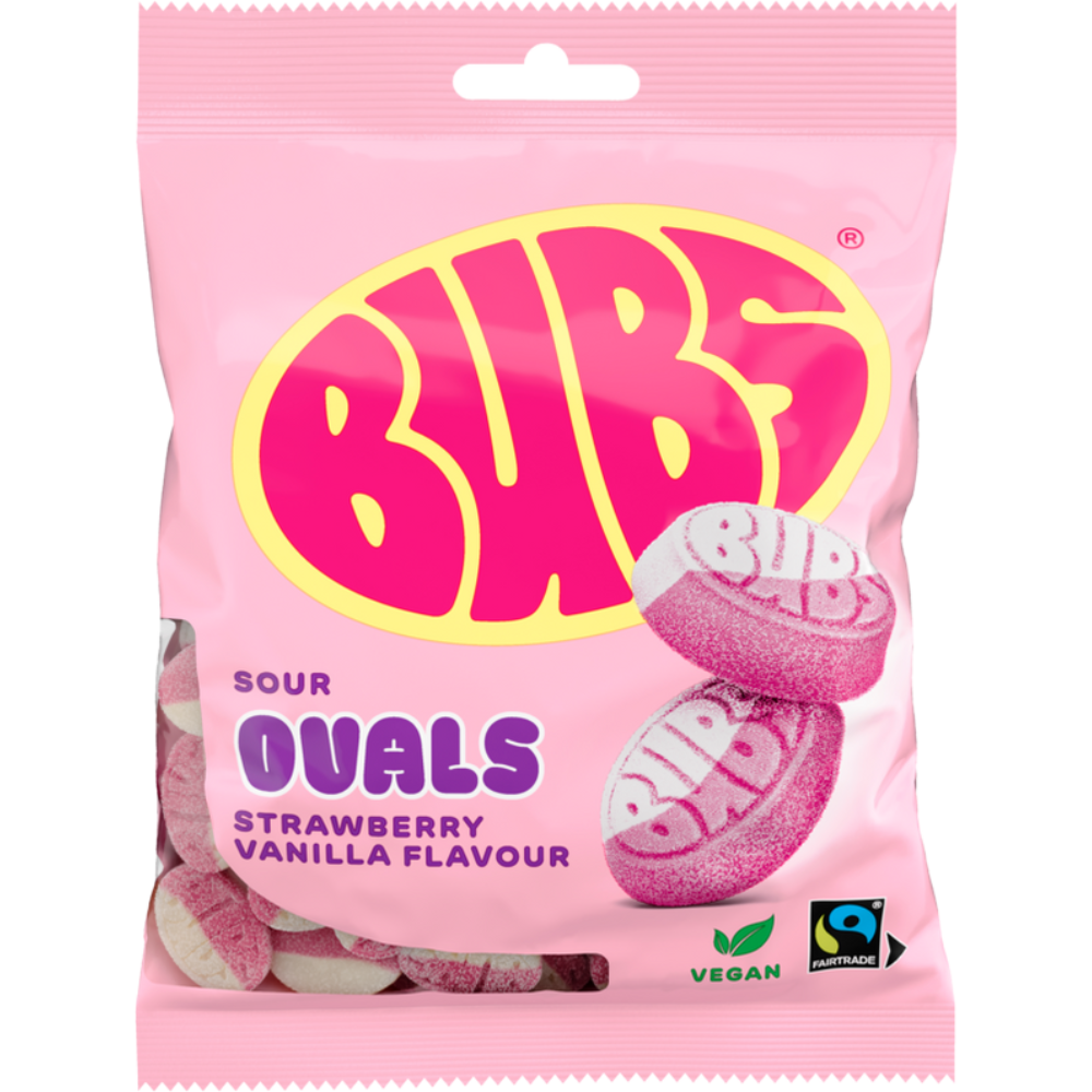 Vegan Sour Ovals Strawberry Vanilla Candy Bags In Wholesale Cases By Swedish Bubs