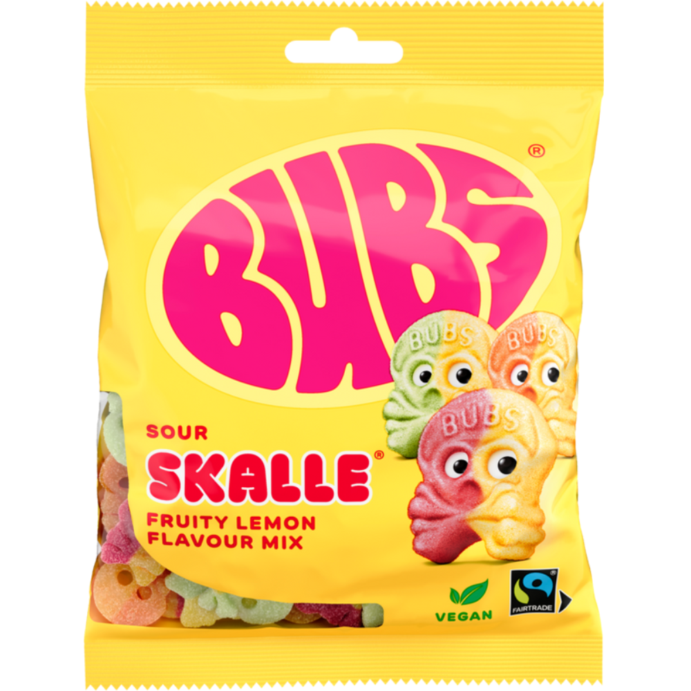 Vegan Sour Skull Fruity Lemon Mix Candy Bags In Wholesale Cases By Swedish Bubs