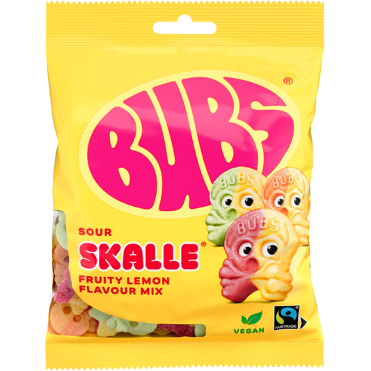 Vegan Sour Skull Fruity Lemon Mix Candy Bags In Wholesale Cases By Swedish Bubs