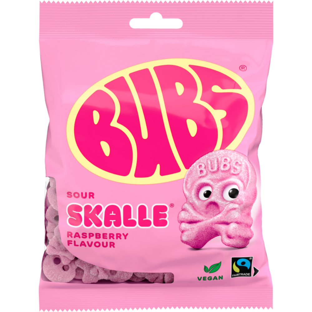 Vegan Sour Skull Raspberry Candy Bags In Wholesale Cases By Swedish Bubs