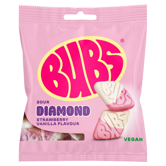 Vegan Sour Strawberry Vanilla Diamond Candy Bags In Wholesale Cases By Swedish Bubs
