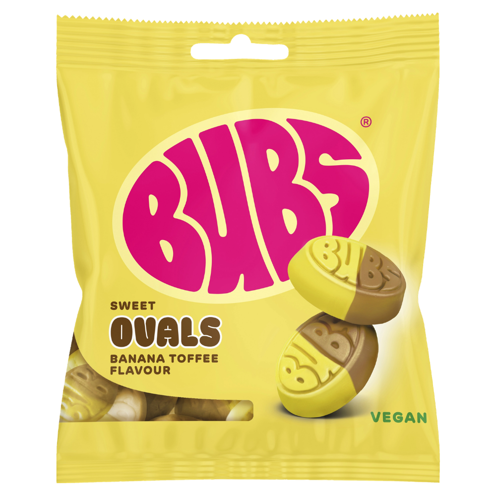 Vegan Sweet Banana Toffee Ovals Candy Bags In Wholesale Cases By Swedish Bubs