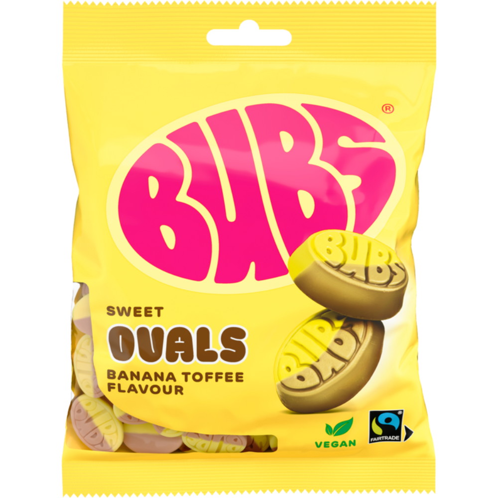 Vegan Sweet Ovals Banana Toffee Candy Bags In Wholesale Cases By Swedish Bubs