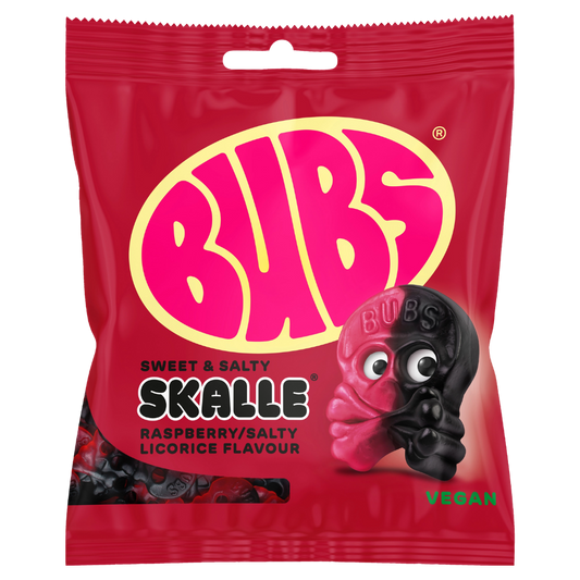 Vegan Sweet Salty Raspberry Licorice Skull Candy Bags In Wholesale Cases By Swedish Bubs